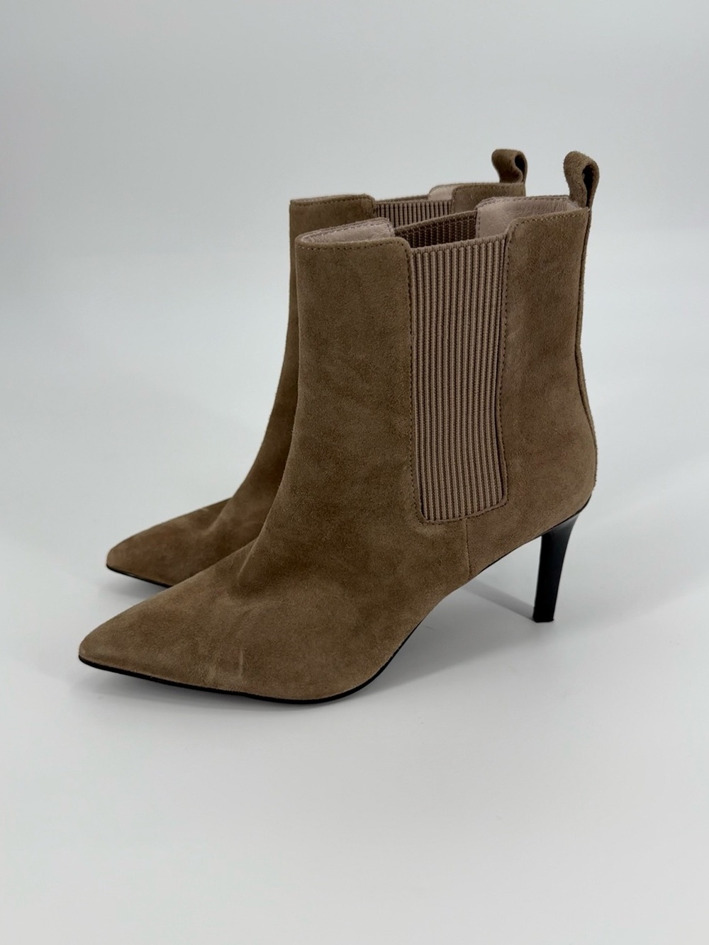 Intentionally Bland Suede Pointed Toe Stiletto Bootie | Taupe | 8